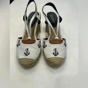Lauren Ralph Lauren women’s wedge espadrilles. White with navy anchors. Sz 8